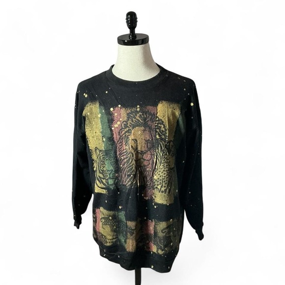 Hand Crafted Tops - Vintage Hand Painted Animal Print Sweatshirt Lion Tiger Panther Gold Splatter